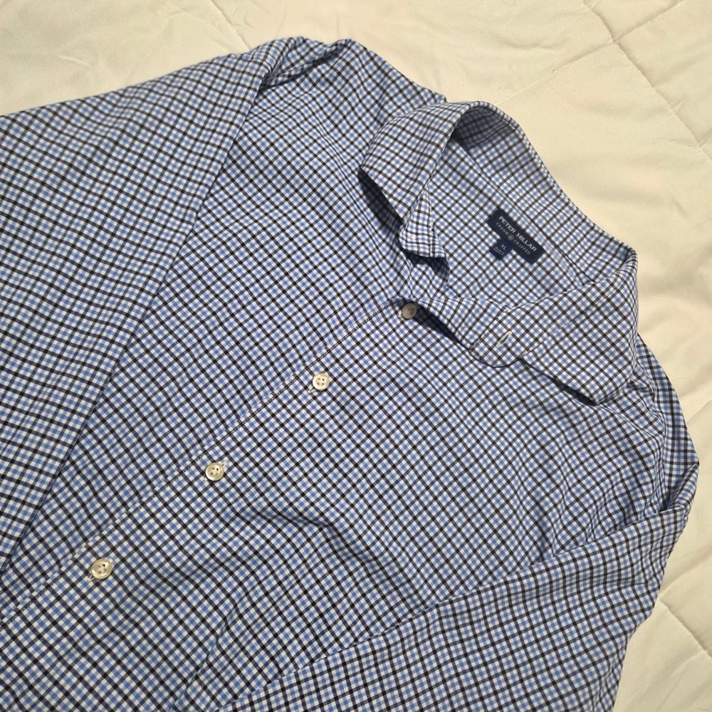 Peter Millar Crown Crafted Mens XL Blue Gingham Performance Button Down Shirt